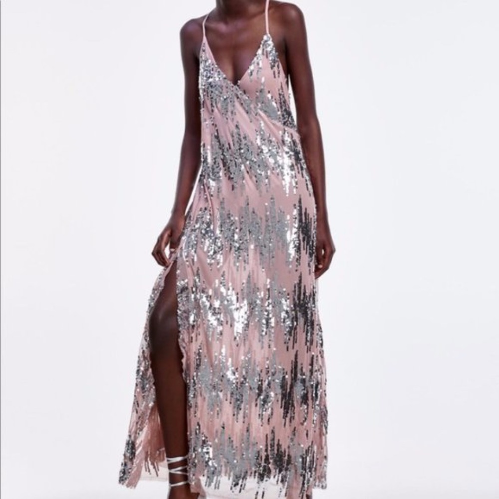 ZARA DRESS WITH SEQUINNED Straps V-neck  L
